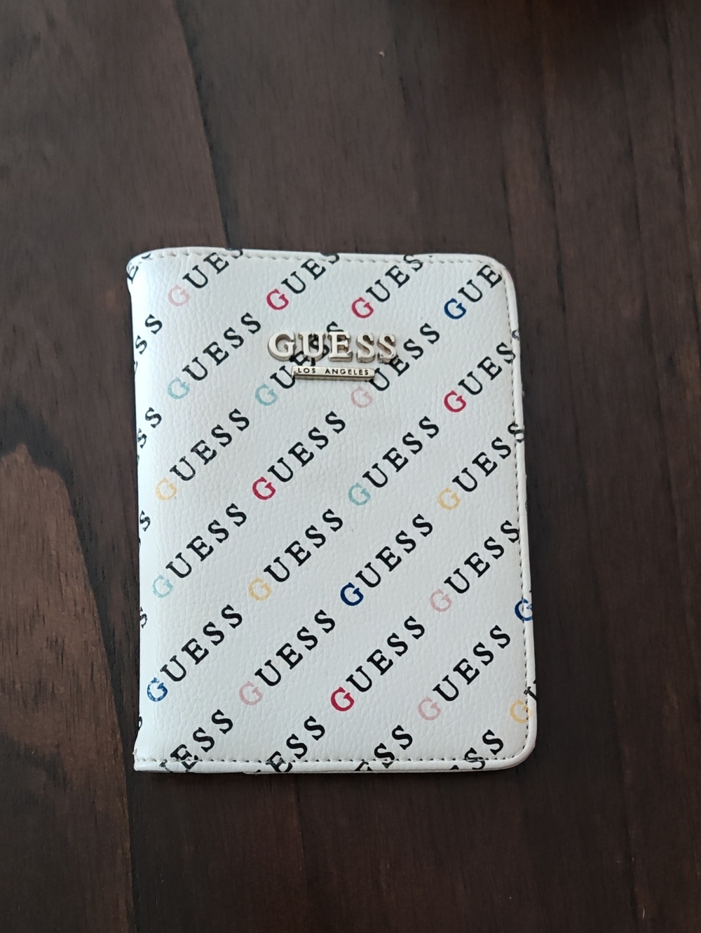 Guess White Passport Cover with Multicolor Logo Print